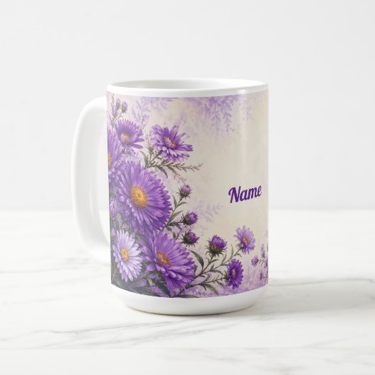 Personalisierte September-Geburtsblume Aster Kaffeetasse (Vorderseite Links)