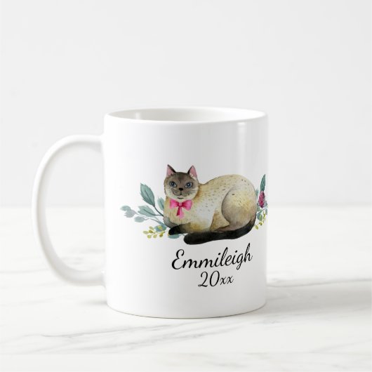 Personalisierte siamesische Katze Lila floralweiß Kaffeetasse (Links)