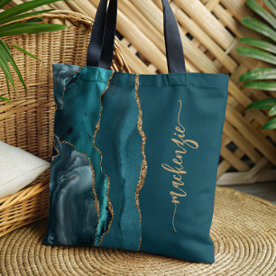 Personalisierte Signatur Türkisblau Gold Achat Tasche