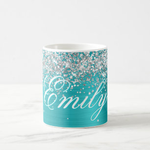 Personalisierte Silber-Glitter-Turquoise-Blau-Foli Kaffeetasse