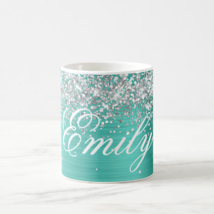 Personalisierte Silber-Glitter-Turquoise-Folie Kaffeetasse