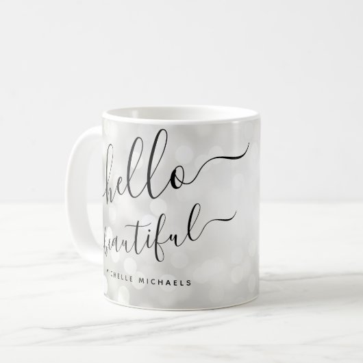 Personalisierte Silberleuchten "Hello Beautiful" Kaffeetasse (Vorderseite Links)
