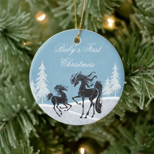 Personalisierte Silhouette Horse Baby's 1. Weihnac Keramikornament (Baum)