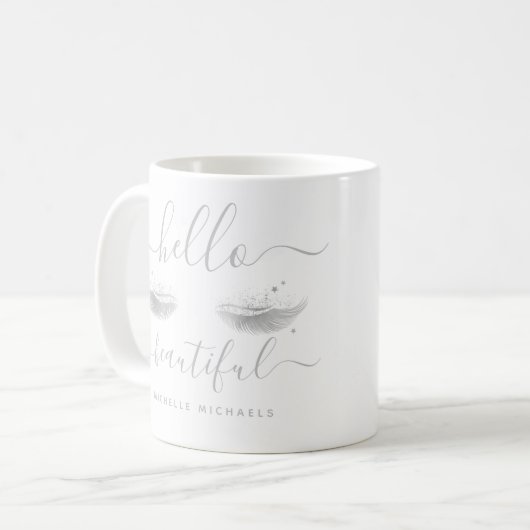 Personalisierte Silver Eyelashes "Hello Beautiful" Kaffeetasse (Vorderseite Links)