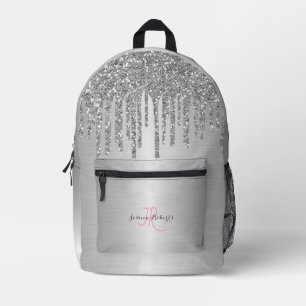 Personalisierte Silver Girly Glitzer Tropfen Metal Bedruckter Rucksack