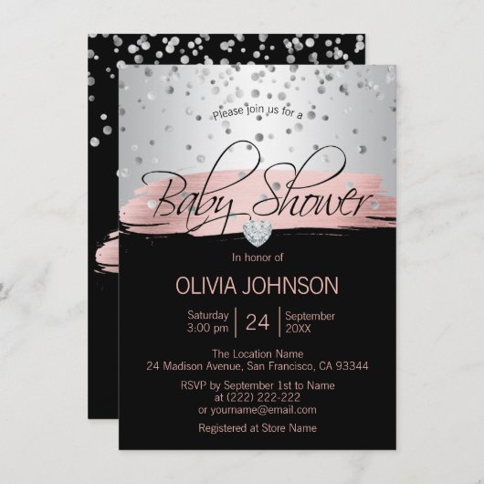 Personalisierte Silver Pink Black Girl Babydusche Einladung (Vorne/Hinten)
