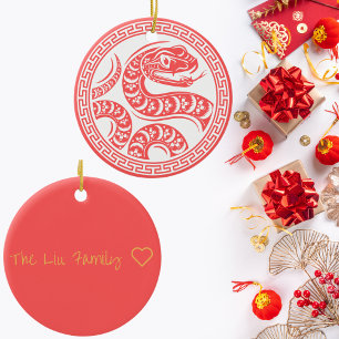 Personalisierte Silvesterschlange aus Rot und Gold Keramik Ornament