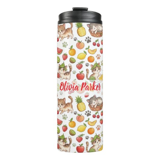 Personalisierte skurrile Katzen & Sommerfrüchte Thermosbecher (Vorderseite)