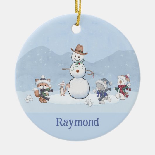 Personalisierte Snowball-Kämpfe Custom Snowman Ani Keramik Ornament (Vorne)