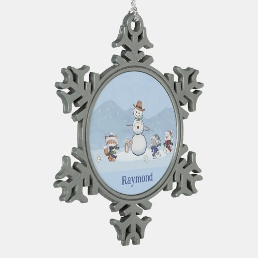 Personalisierte Snowball-Kämpfe Custom Snowman Ani Schneeflocken Zinn-Ornament (Links)