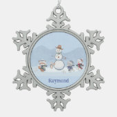 Personalisierte Snowball-Kämpfe Custom Snowman Ani Schneeflocken Zinn-Ornament (Vorderseite)