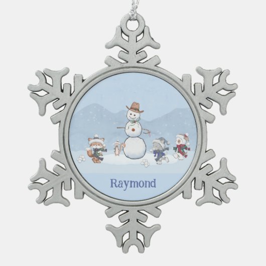 Personalisierte Snowball-Kämpfe Custom Snowman Ani Schneeflocken Zinn-Ornament (Vorderseite)