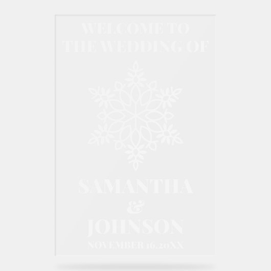 Personalisierte Snowflake-Hochzeit Willkommen Matt Acrylschild (Vorderseite)