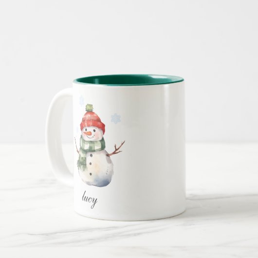 Personalisierte Snowman Weihnachts-Tasse Zweifarbige Tasse (Vorderseite Links)