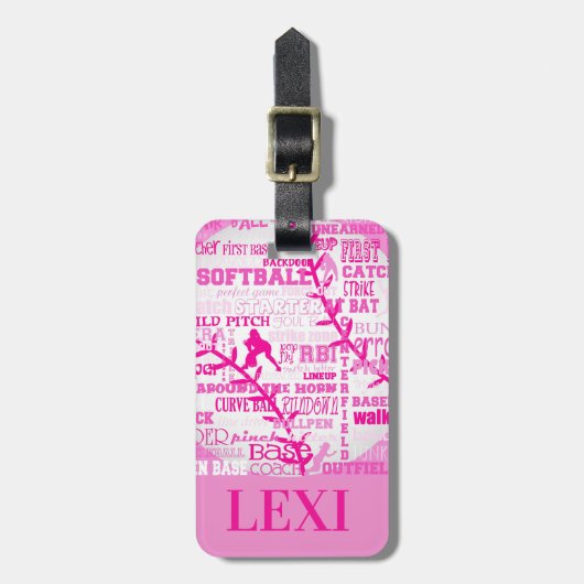 Personalisierte Softball-Mädchen-Wörter und Gepäckanhänger (Vorderseite vertikal)