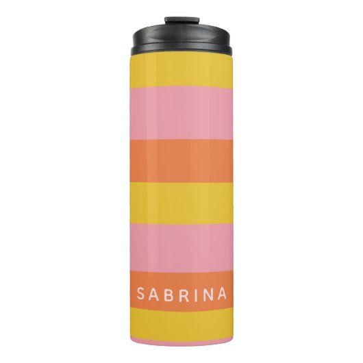 Personalisierte Sommerstreifen Rosa Gelborange Thermosbecher (Vorderseite)