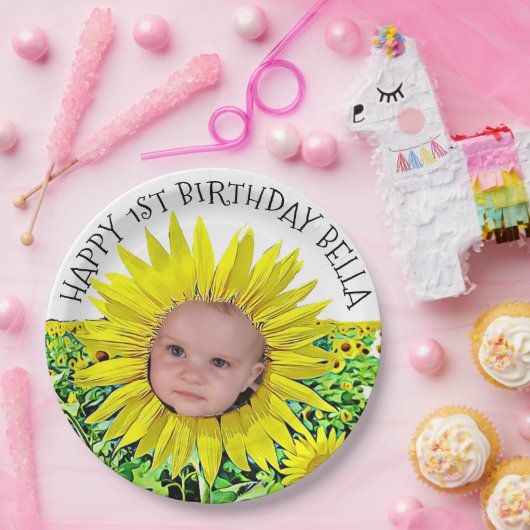 Personalisierte Sonnenblume-erster Pappteller (Party)