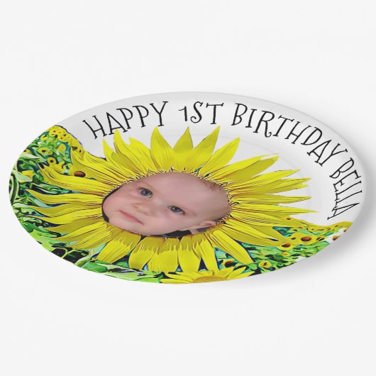 Personalisierte Sonnenblume-erster Pappteller (Schrägansicht)