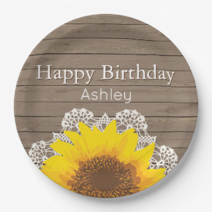 Personalisierte Sonnenblume, Spitze und Holz Pappteller