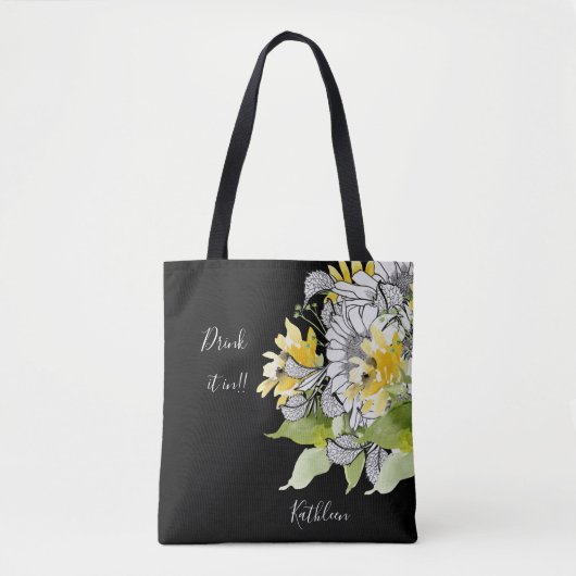 Personalisierte Sonnenblume trinken sie in Schwarz Tasche (Vorderseite)
