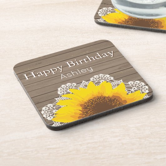 Personalisierte Sonnenblumen, Spitzen und Holz Getränkeuntersetzer (Linke Seite)