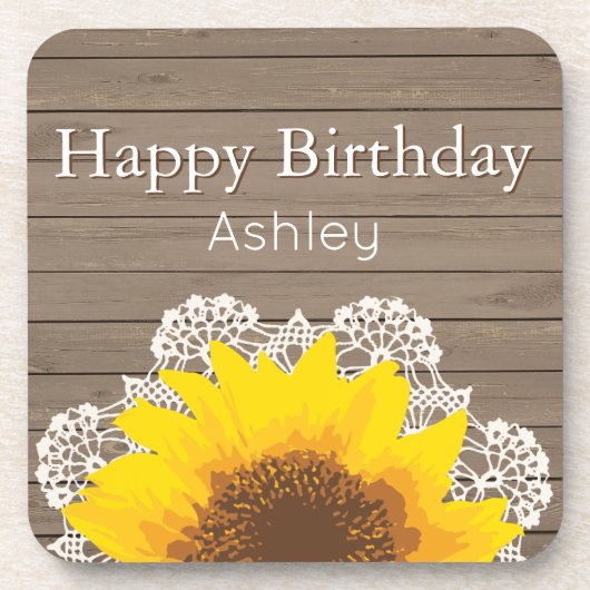 Personalisierte Sonnenblumen, Spitzen und Holz Getränkeuntersetzer (Vorderseite)