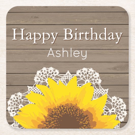 Personalisierte Sonnenblumen, Spitzen und Holz Rechteckiger Pappuntersetzer (Vorderseite)