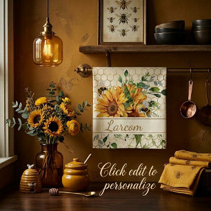 Personalisierte Sonnenblumen und Bienen Geschirrtuch
