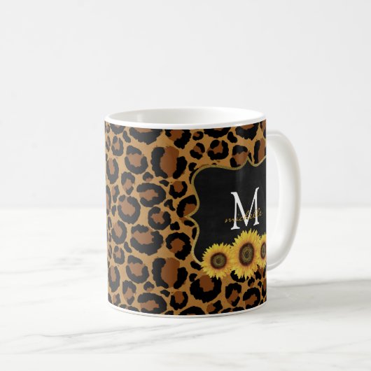 Personalisierte Sonnenblumen und Leopard-Tasse Kaffeetasse (VorderseiteRechts)