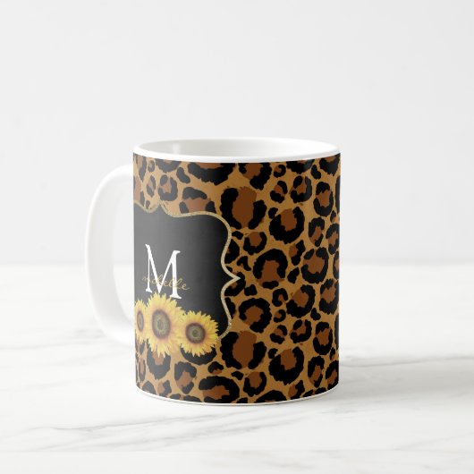 Personalisierte Sonnenblumen und Leopard-Tasse Kaffeetasse (Vorderseite Links)