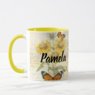 Personalisierte Sonnenblumen und Schmetterling Tasse