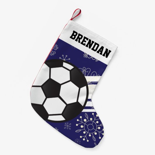 Personalisierte Sportsstreifen Fußball Ball Blau Kleiner Weihnachtsstrumpf (Vorderansicht (hängend))