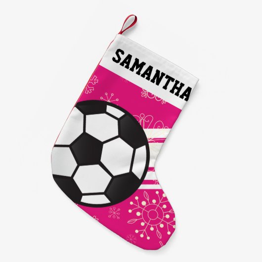 Personalisierte Sportstreifen Fußball-Ball Pink Kleiner Weihnachtsstrumpf (Vorderansicht (hängend))