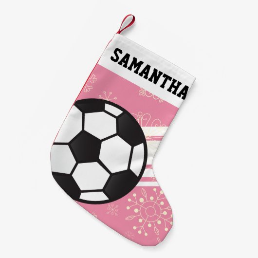 Personalisierte Sportstreifen Fußball-Ball Pink Kleiner Weihnachtsstrumpf (Vorderansicht (hängend))