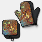 Personalisierte Steampunk-Uhrwerk Ofenhandschuh & Topflappen-Set (Vorderseite/Rückseite)