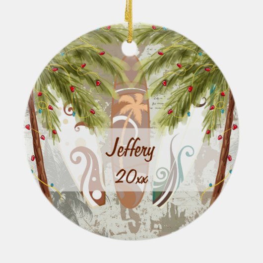 Personalisierte Surfbretter und Palmen Trees Beach Keramikornament (Hinten)