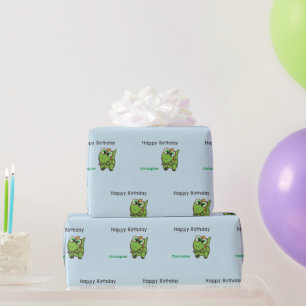 Personalisierte süße grüne Dinosaurier blaue Gebur Geschenkpapier