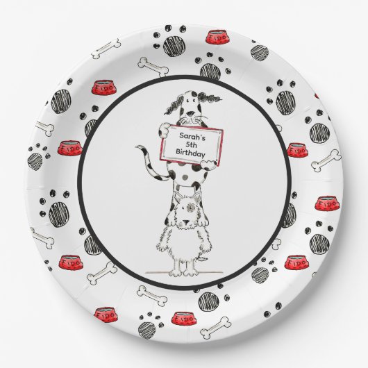 Personalisierte süße Hundeakrobaten-Geburtstagsfei Pappteller (Vorderseite)