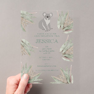 Personalisierte süße Koala-Eukalyptus-Babyparty Acryleinladungen