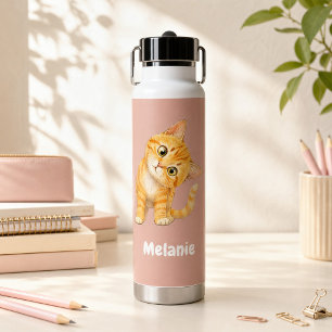 Personalisierte süße orange Katze rosa Kinder-Wass Trinkflasche