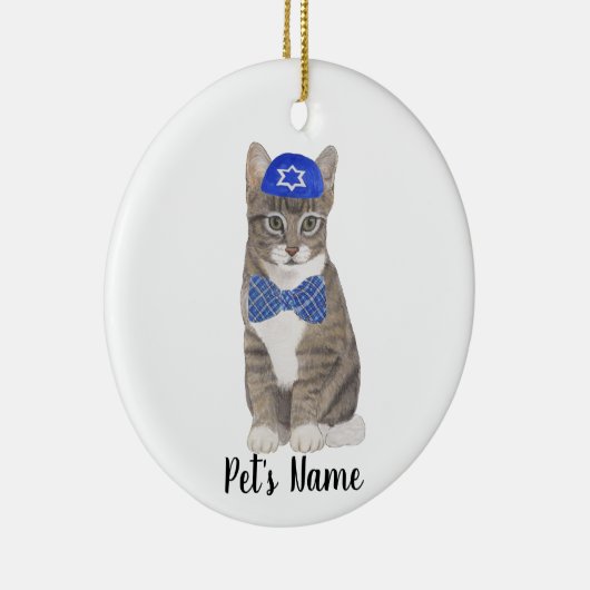 Personalisierte Tabby Cat (Grau) Yarmulke & Bow Kr Keramik Ornament (Rechts)