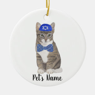 Personalisierte Tabby Cat (Grau) Yarmulke & Bow Kr Keramik Ornament