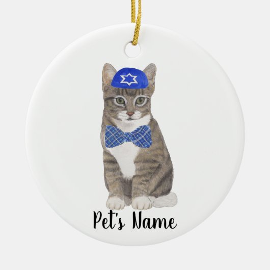 Personalisierte Tabby Cat (Grau) Yarmulke & Bow Kr Keramik Ornament (Vorne)