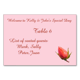 Personalisierte Tabelle mit rosa Rose Bud Name Tischnummer