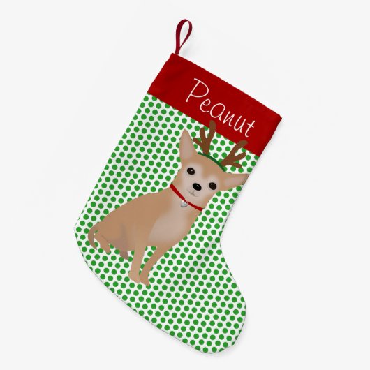 Personalisierte Tan Chihuahua und grüne Polka Dots Kleiner Weihnachtsstrumpf (Vorderansicht (hängend))