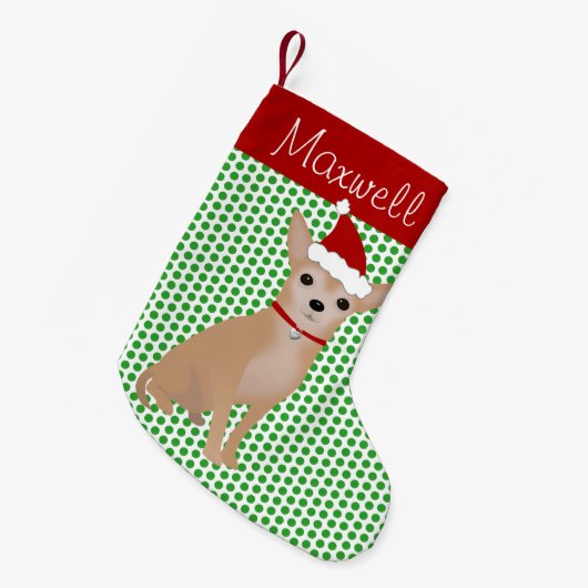 Personalisierte Tan Chihuahua und grüne Polka Dots Kleiner Weihnachtsstrumpf (Vorderansicht (hängend))