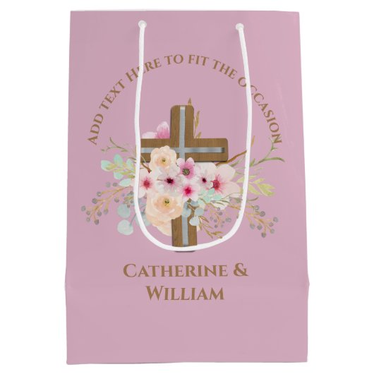 Personalisierte Taufe & Christening Blumenkreuz Mittlere Geschenktüte (Rückseite)