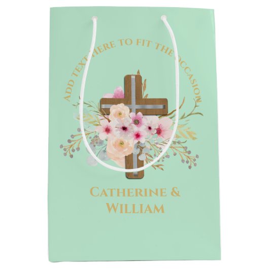 Personalisierte Taufe & Christening Blumenkreuz Mittlere Geschenktüte (Vorderseite)