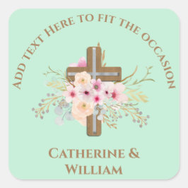 Personalisierte Taufe & Christening Blumenkreuz Quadratischer Aufkleber