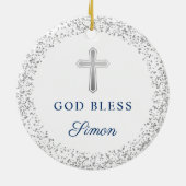 Personalisierte Taufe Christening Navy Blue Silver Keramik Ornament (Hinten)